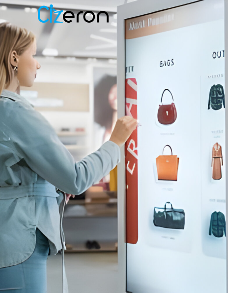 A woman watches a digital display showing a bag and is surrounded by dynamic advertising messages.