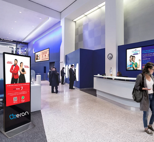 A large screen featuring integrated signage for self-service transactions in the banking sector.