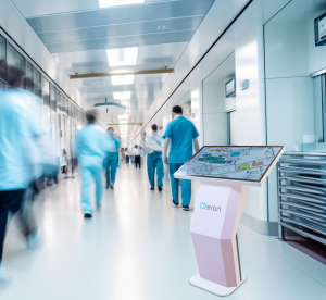 Interactive digital signage kiosk equipped with a touch screen for hospital user convenience.