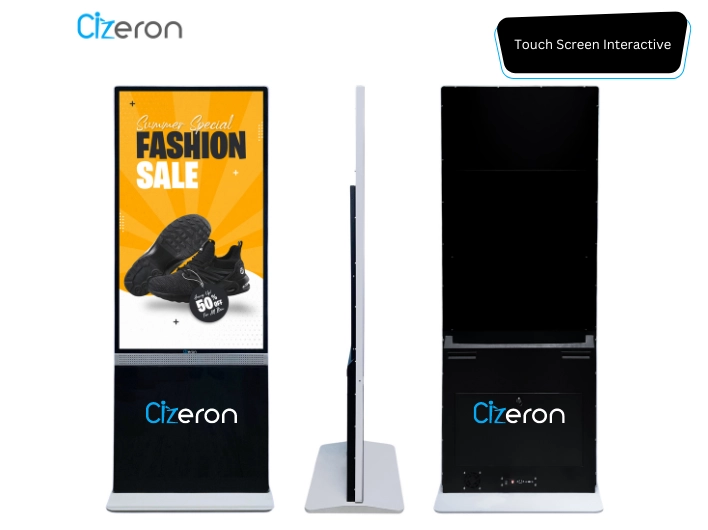 A Modern Stylish stand with trendy items on sale for touch-screen interactive signage suppliers