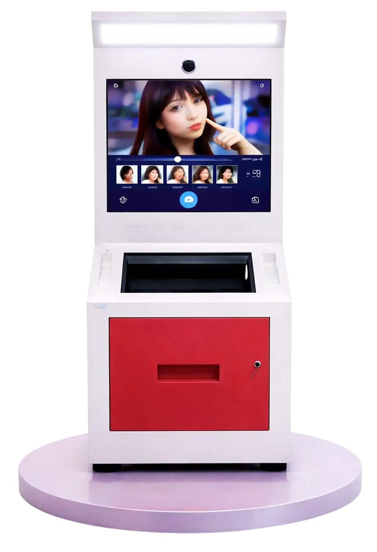 A modern photobooth kiosk with camera and touch screen for instant photo capture and printing