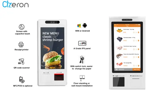 The smartphone screen shows the app with several options, like digital menu board and online order.