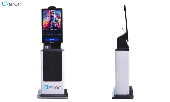 Two modern kiosks are set against a white backdrop, displaying clear images at various angles.