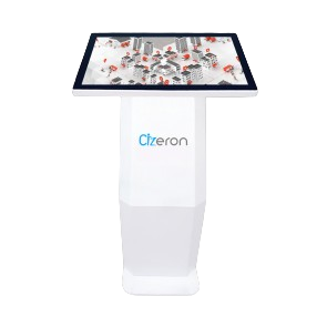An interactive display table with a white base and blue and red accents for Software Apps Providers